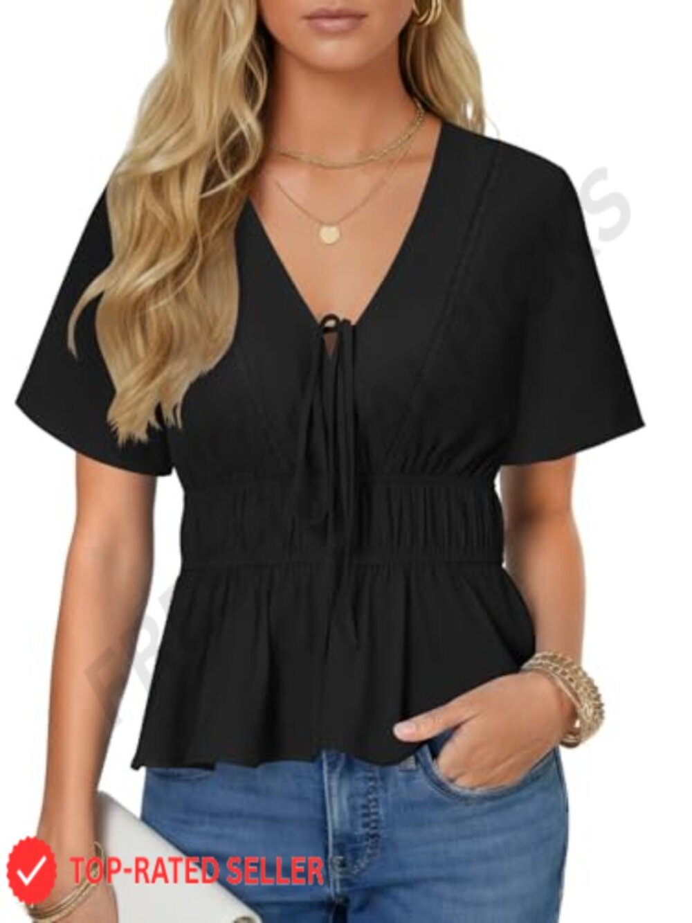 Women's Deep V Neck Tie Front Ruffle Hem Ruched Waist Short Sleeve Blouse Top